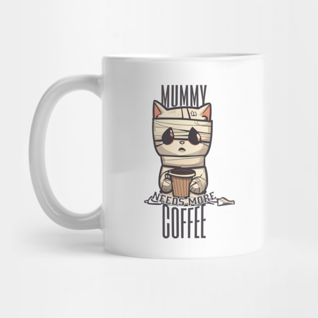 Mummy Needs More Coffee | Halloween Cat Holding Cup by GrinTees